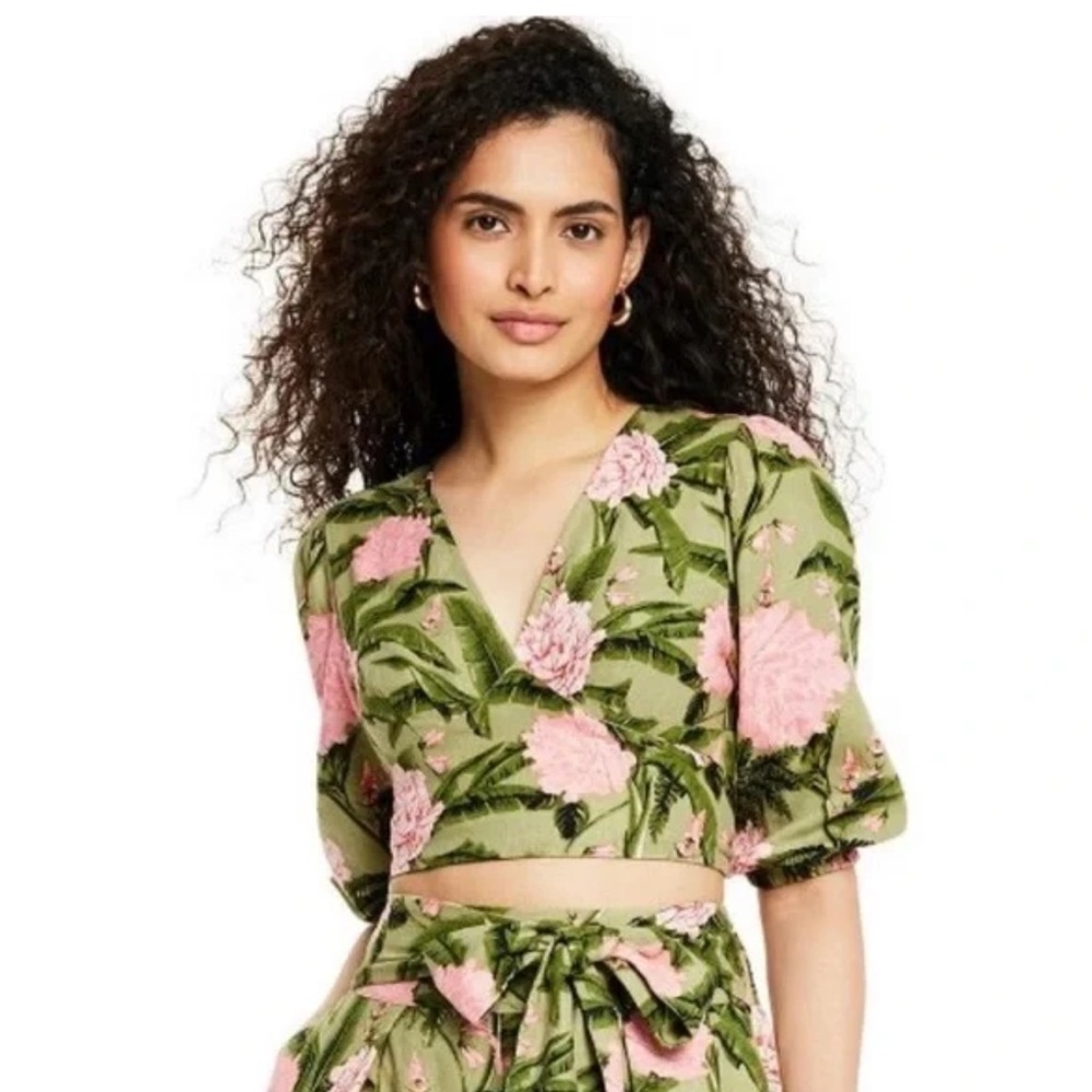 AGUA BENDITA x TARGET Peony Floral Print Tie Wrap Linen Blend Top Women's 2X